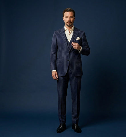The Maritime Dark | Chalk Stripe | Super 120's | Woolmark Certified | Luxury Gift Boxed