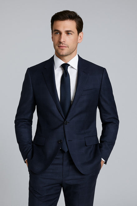 The Twilight Chevron | Windowpane Navy Check | Superfine 120's Pure Merino Fabric