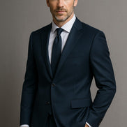 Man wearing a dark blue suit with a white shirt and tie against a gray background