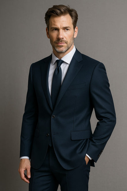 Man wearing a dark blue suit with a white shirt and tie against a gray background