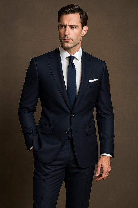 Man wearing a Charcoal grey suit with a white shirt and tie on a brown background