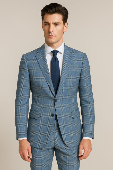 The Azure Overcheck | Grey & Blue Glen Check | Superfine 120's Pure Merino  Fabric